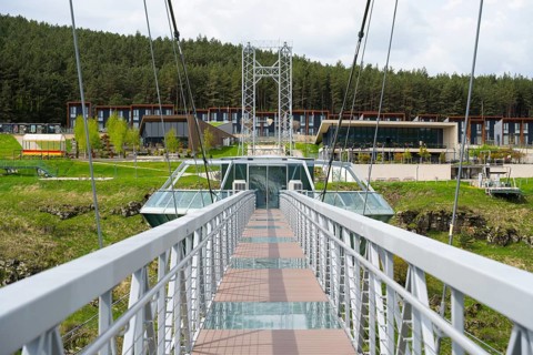 View of a modern suspension bridge with buildings in the background and surrounded by forest,
