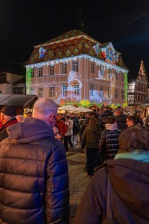 People at a Christmas market in front of an illuminated historic building with a projection,