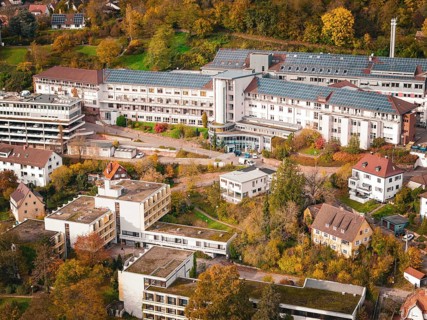 Close-up of buildings with solar panels and surrounding autumn trees in an urban landscape, Altes