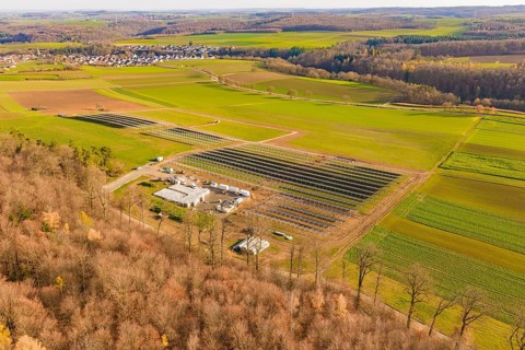 Large solar park, embedded in an extensive rural landscape, energy revolution, construction of PV