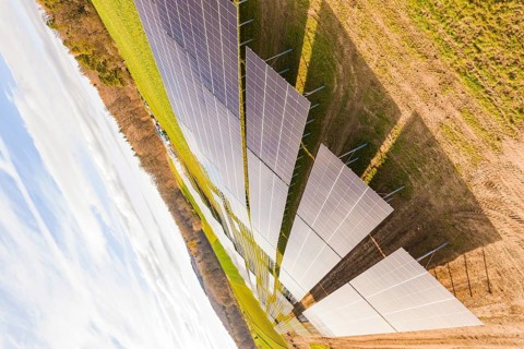 Rows of solar modules in a green environment, technology for clean energy, energy revolution,