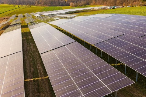 Elongated solar fields on lush fields, energy revolution, construction of PV open space,