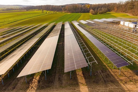 Rows of solar panels arranged in green fields, energy revolution, construction of PV open space,