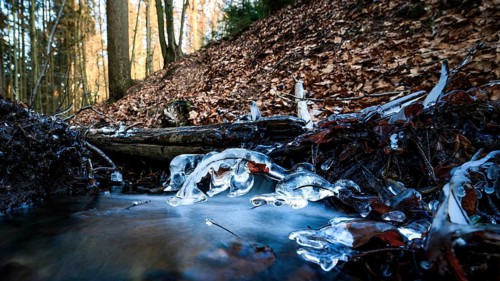 Close-up of blue icicles. Cool, frosty atmosphere reflecting the winter cold, Zwickenbach,