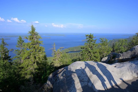Panoramic view of lakes and forests under clear blue sky with tree statues, Koliberg, Finland's