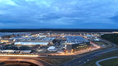Tesla Gigafactory at the blue hour, Grünheide, 19.12.2025, Grünheide, Brandenburg, Germany