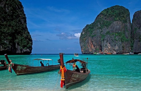 Longtail boats on Maya Bay beach, known from the movie The Beach, one year in front of the tsunami,