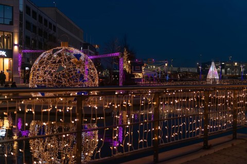 Christmas decoration in Kiel at the boat harbor, festive lighting, lights, Christmas ball, shops,