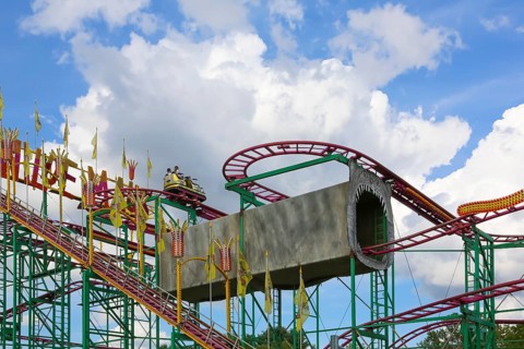 Wilde Maus, little rollercoaster for children, fairground in Friedrichsau Ulm, public festival,
