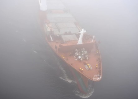 Freighter STADIONGRACHT in fog in the Kiel Canal, NOK, Kielkanal, Kielcanal, Schleswig-Holstein,