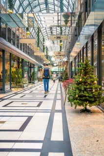 Modern shopping center with glass roof and Christmas trees in a festive atmosphere, Calwer Passage,