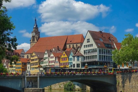 Eberhardsbrücke, Neckar, rear old town, houses, collegiate church, Tübingen, Baden-Württemberg,