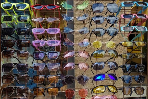 Colorful sunglasses, range of products, eyeglass holder, eyeglass stand, funny shapes, Tübingen,
