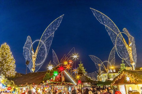 Baroque Christmas market with illuminated angels between the Protestant City Church and the