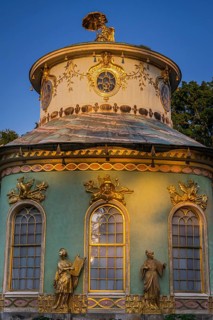 Chinese house in the evening light, tea house with golden sculptures, Sanssouci Park, Potsdam