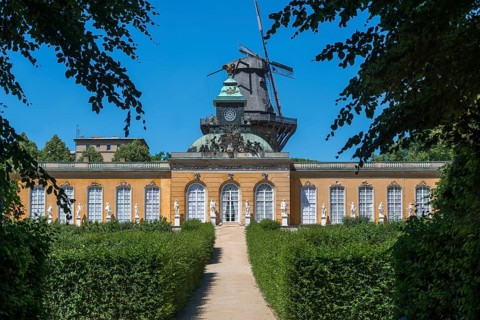 New chambers with historic windmill in Sanssouci Palace, Potsdam, Brandenburg