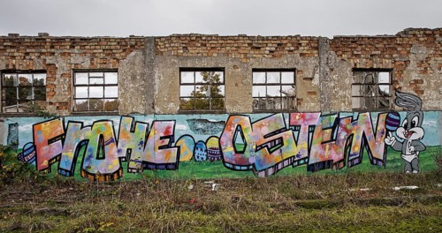 Dilapidated hall with gravity of the dilapidated plant of a former agricultural production