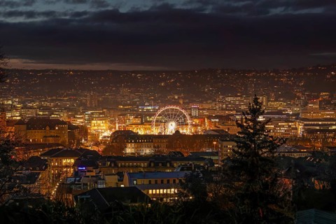 The view from above of the Stuttgart 2025 Christmas market shows a sea of festive lights and