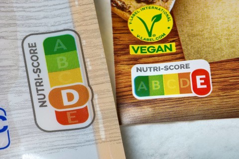 Vegan label with Nutri-Score scale on food packaging