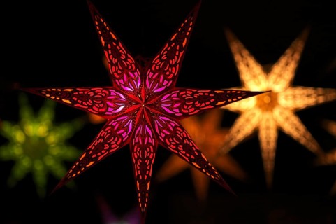 Colorful Christmas stars, sales stand, baroque Christmas market, blue hour, dusk, Ludwigsburg,