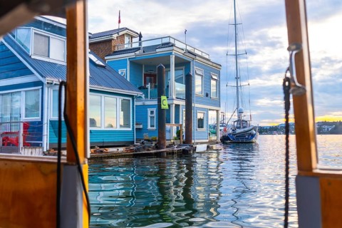 Fisherman's wharf park is a floating community of colorful houses and shops in victoria, british