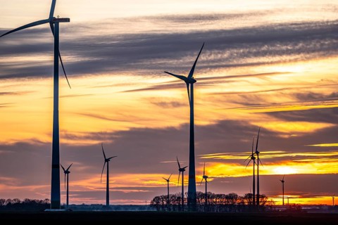 Sunset at Issum wind farm, Lower Rhine, North Rhine-Westphalia, Germany