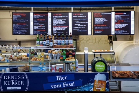 Sales stand on cutters in the ferry channel, Hanseatic City of Stralsund, Baltic Sea,