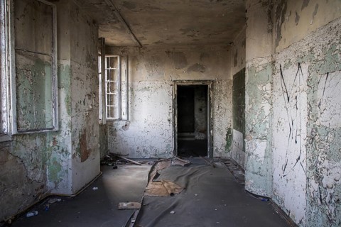 Abandoned and dilapidated area of a building at the port, Hanseatic City of Stralsund, Baltic Sea,