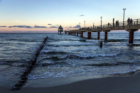 Pier with diving gondola, evening light, Zingst, Fischland-Darß-Zingst, Western Pomerania Lagoon
