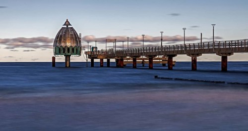Pier with diving gondola, panorama, long exposure, evening light, Zingst, Fischland-Darß-Zingst,