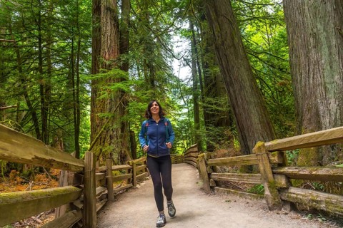 Female hiker enjoying a peaceful walk through the towering trees of cathedral grove on vancouver