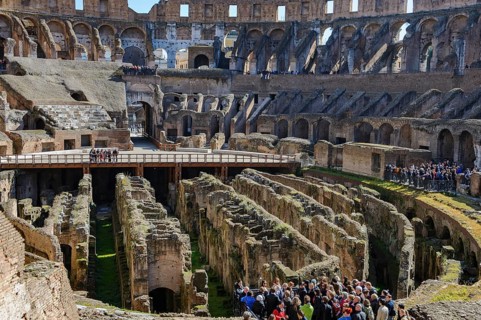 Many tourists crowd into the Colosseum looking at Hypogeum Hypogeum, Rome, Lazio, Italy