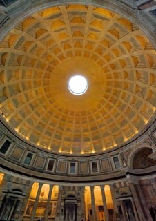 View of ancient building historic Roman temple Pantheon from bottom to top on coffered ceiling with
