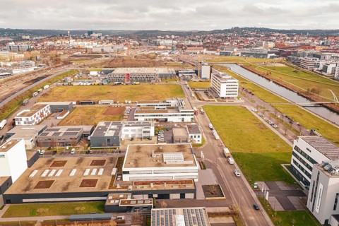 View of a new hospital with buildings and roads in an urban landscape, Böblingen, Germany