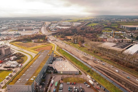 A81 and extensive landscape with roads and buildings under cloudy sky, Böblingen, Germany