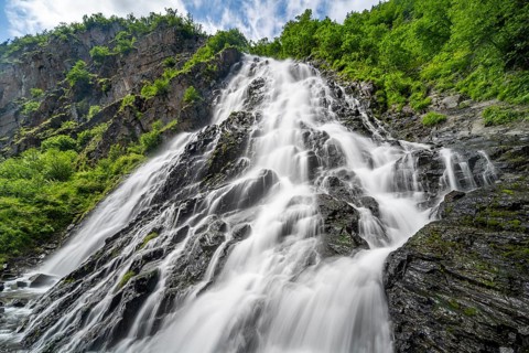 Bridalveil Falls waterfall, canyon, long exposure, Keystone Canyon, Richardson Highway, Alaska, USA