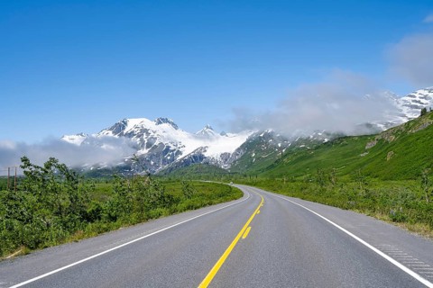Richardson Highway road, mountainous landscape with Worthington Glacier, Chugach Mountains, Alaska,