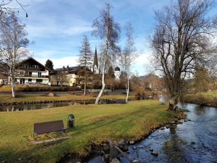 View of fish with small streams, Kirchtum in the back, Illertal, Oberallgäu, Allgäu, Bavaria,