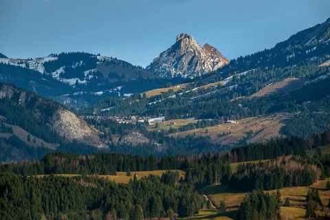 View from Kirwang, of the Allgäu Alps, back middle Oberjoch, back right Rote Flüh, Oberstdorf,