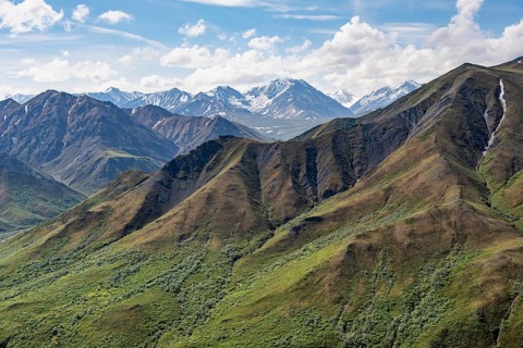 Alaska Range tundra and mountainous landscape, Denali National Park and Preserve, Alaska, USA