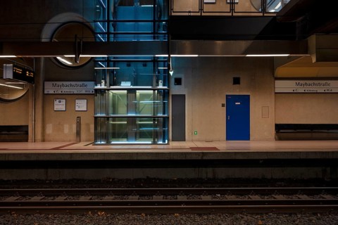 Glass elevator, Maybachstraße stop, subway, light rail, platform, train station, public transport,