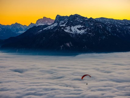 Paragliding flies over a sea of fog, behind Berchtesgaden Alps, Gaisberg, Salzburg, Salzburger