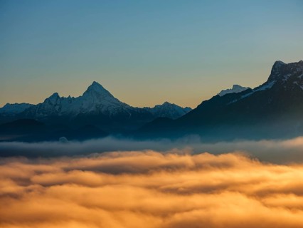 Watzmann and Untersberg over the sea of fog in the evening light, Berchtesgaden, Berchtesgadener