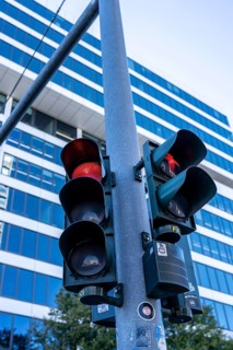 Traffic light at Ernst Reuter Platz in Berlin-Charlottenburg, frog-eye view, Berlin, Germany