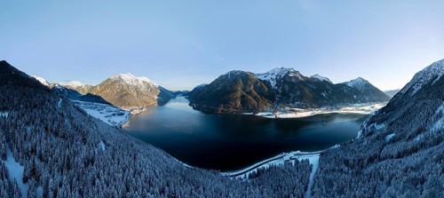 Epic view of mountain landscape with snow in winter, Achensee, Tyrol, Austria