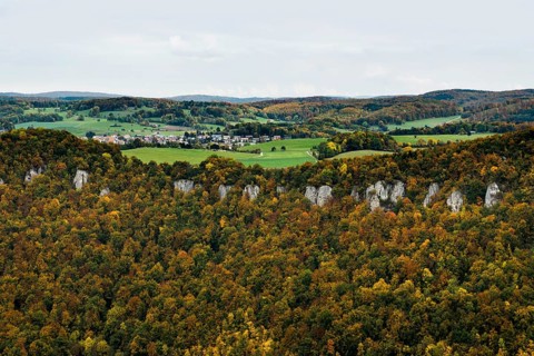 View, panorama of Lichtenstein Castle, Honau, Echaz Valley, Swabian Jura, Baden-Württemberg,