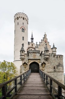 Castle and autumnal forest, Lichtenstein Castle, Honau, Echaz Valley, Swabian Jura,