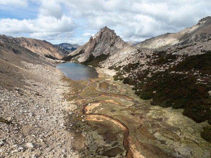 Aerial view, epic panorama, large glaciers, glacial lakes Lago de los Tres Laguna Sucia and Laguna