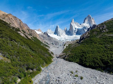 Epic panorama, rocky mountain landscape, glacier and summit of Monte Fitz Roy in the background,