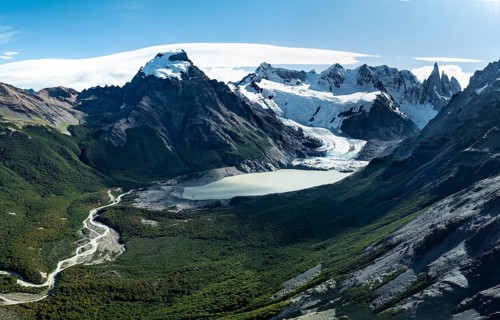 Aerial View, Epic Panorama, Glaciar Torre Glacier Lake Laguna Torre, Mountains and Peaks of Monte